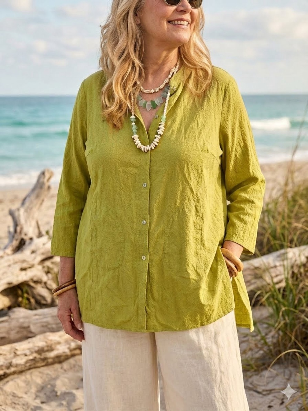 CITRON Santa Monica 2X Tunic Blouse Top Chartreuse Green 100% Silk w/Pockets